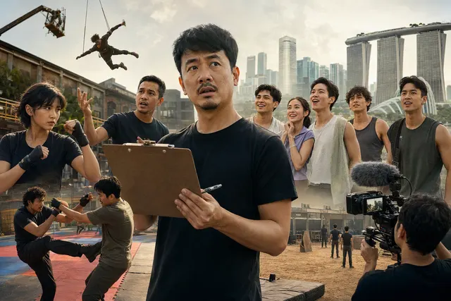 AI-generated editorial image representing The Sandbox, a Singaporean comedy about a struggling stunt school.