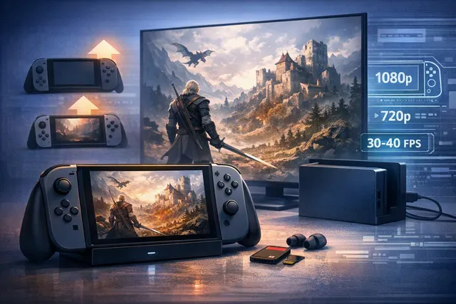 Geralt of Rivia exploring a dark fantasy landscape in The Witcher 3 Remastered on Nintendo Switch 2