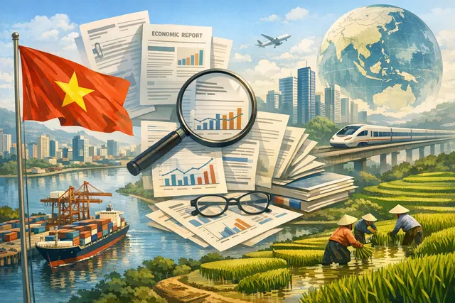 A stylized map of Vietnam with rising economic indicator arrows, a World Bank logo, and financial chart lines representing GDP growth and trade data for the first half of 2026.