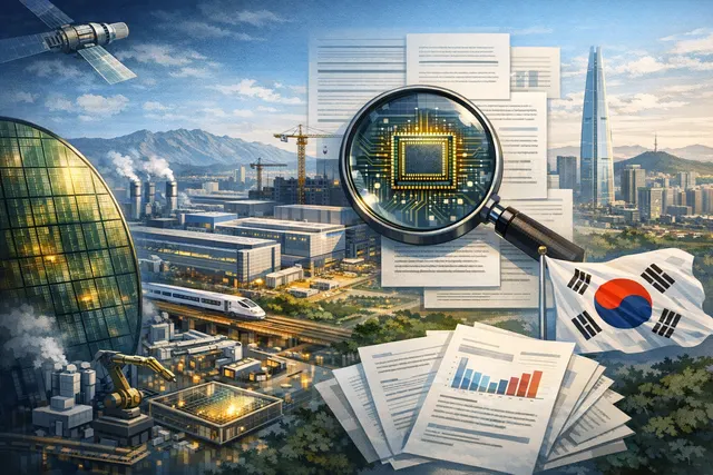 South Korea semiconductor investment map and data visualization with flags for SK Hynix, Samsung, President Lee Jae Myung, and Michael Burry warning