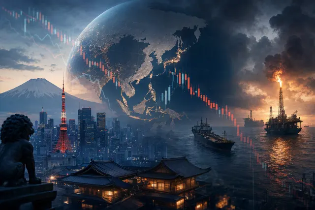 Illustration of Asian financial markets reacting to rising oil prices and Gulf shipping tensions