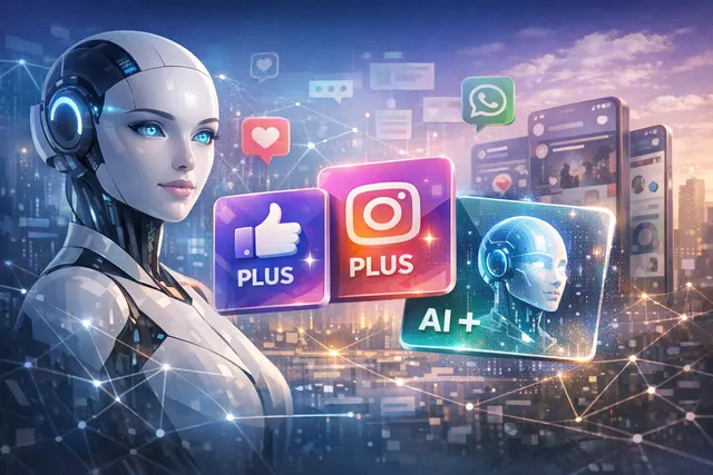 Abstract visualization of the Meta One subscription service with logos for Instagram, Facebook, WhatsApp, and an AI brain icon on a futuristic blue background.