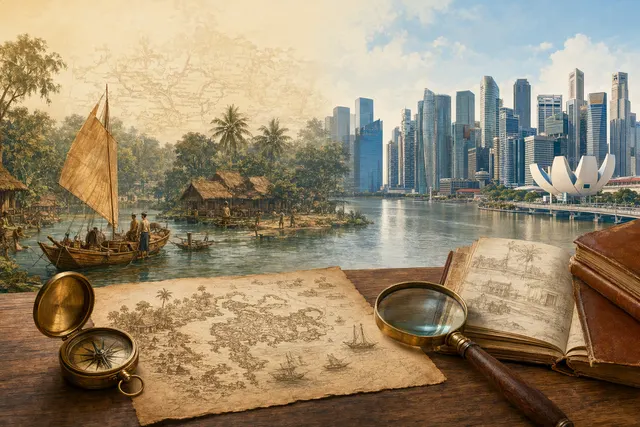 Editorial illustration evoking Singapore’s early history and the name Temasek