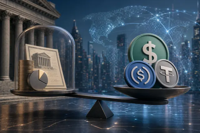 Illustration representing tokenized money market funds and stablecoins in the digital financial system