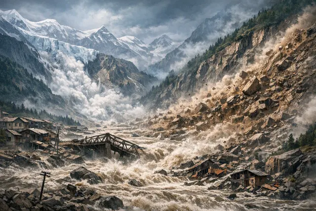 Editorial illustration of a glacier collapse sending a wall of mud, ice and water through a Himalayan valley near the Nepal–Tibet border