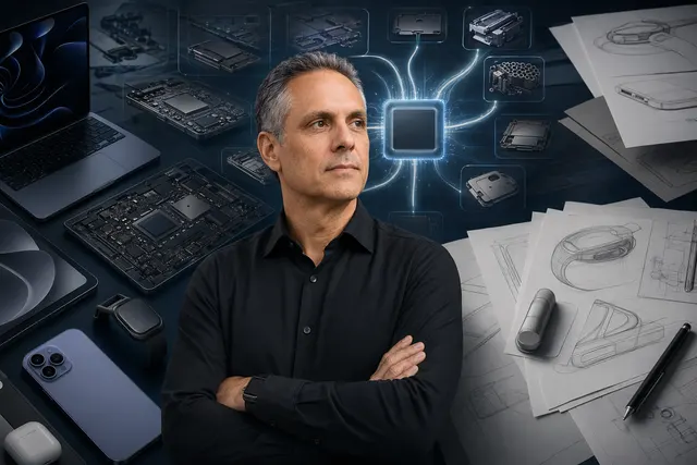 Illustration representing Apple’s hardware leadership restructuring under Johny Srouji