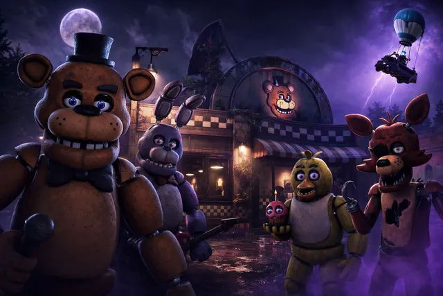 AI-generated editorial illustration for the Fortnite and Five Nights at Freddy’s crossover, not an official game screenshot