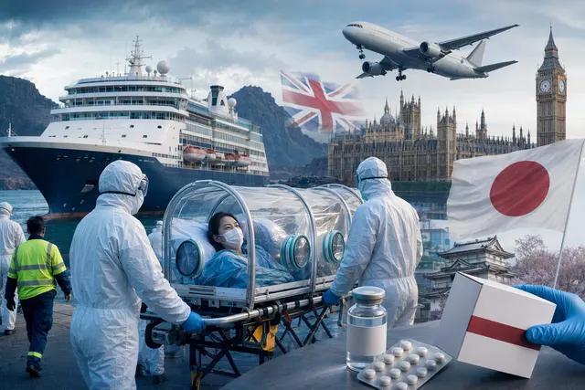 Illustration of a cruise ship linked to the MV Hondius hantavirus outbreak and international medical response