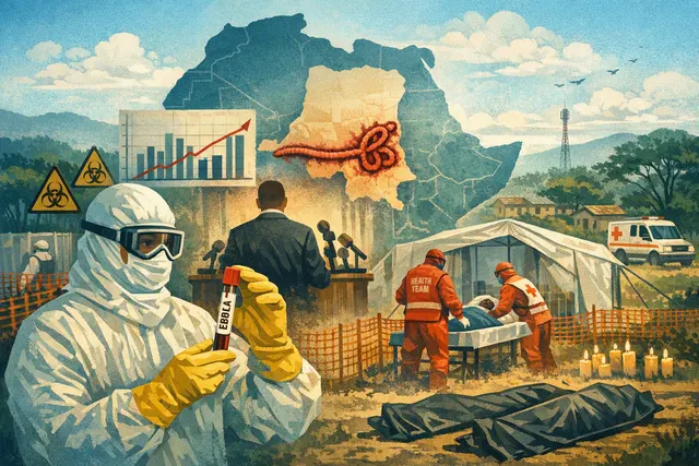 A healthcare worker in personal protective equipment (PPE) walks near an Ebola treatment center in eastern Democratic Republic of Congo during the 2026 Bundibugyo outbreak.