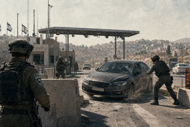 AI-generated editorial illustration accompanying a report on the Route 443 checkpoint incident; not a photograph of the scene.