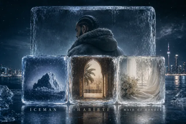Editorial illustration representing Drake’s triple album release Iceman, Habibti, and Maid of Honour