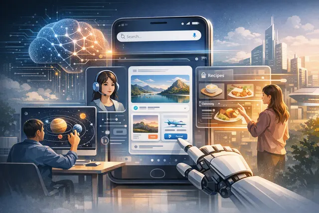 Conceptual illustration of Baidu’s AI search page and agent upgrades, including interactive knowledge cards, visual teaching, and automated task delivery