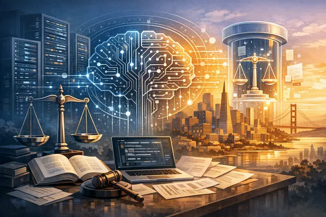 Abstract editorial illustration of Harvey Tenet and open-weight legal AI