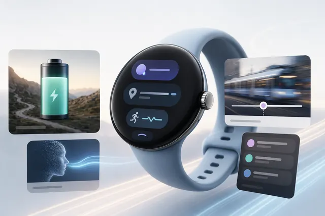 Wear OS 7 smartwatch interface with widgets, live updates, and Gemini AI integration