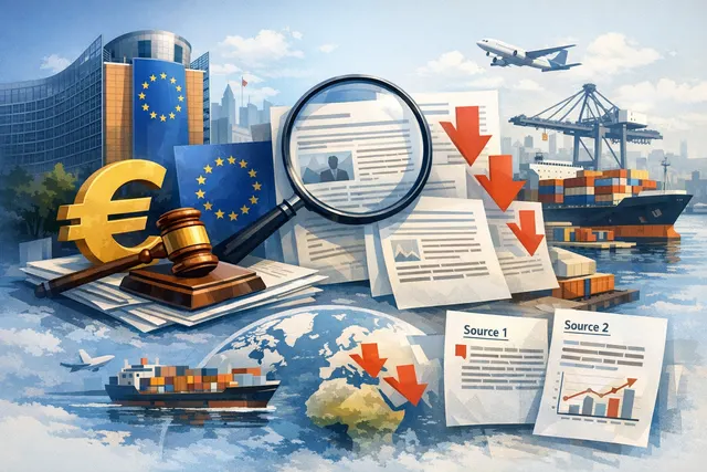 A digital illustration showing a European Commission building and US Capitol with a trade scale between them, representing the EU-US trade dispute triggered by the €890 million Goo