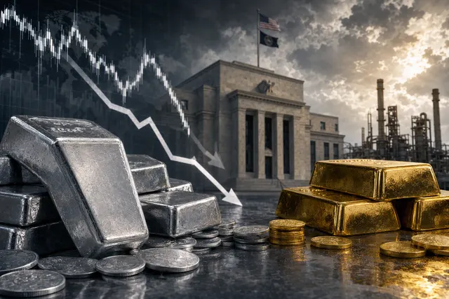 Editorial illustration representing the sharp October 2026 decline in silver prices relative to gold.