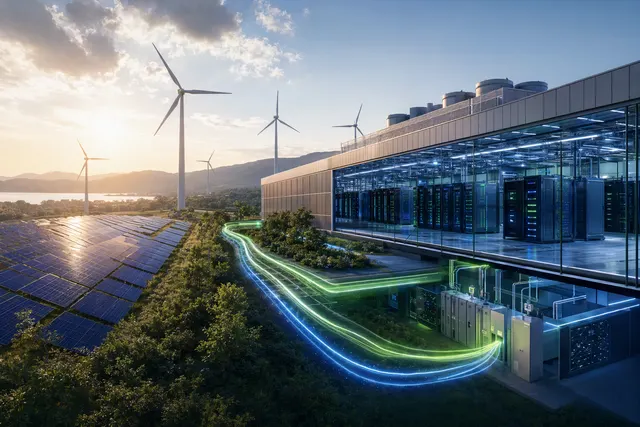 Concept illustration of AI data centers powered by renewable energy representing Google’s 24/7 carbon‑free energy goal