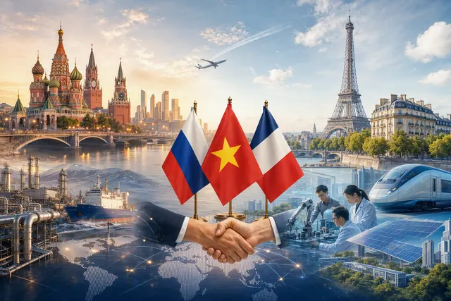 Editorial illustration of Vietnamese leader To Lam’s diplomatic tour of Russia and France
