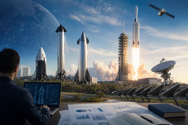 Illustration representing SpaceX rockets, satellites, and corporate structure