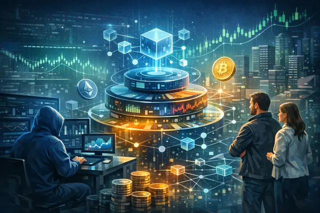 Abstract visualization of a DeFi intelligence layer monitoring blockchain positions and alerting users in real-time.