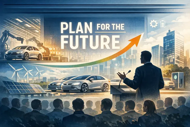 AI-generated visual representation of Volkswagen's 2026 restructuring plan, including financial charts and a factory silhouette