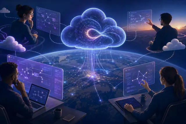 AI-generated editorial illustration accompanying an article about collaborative observability for applications and AI agents