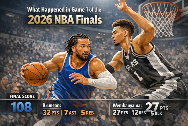 Jalen Brunson driving past Victor Wembanyama during a tense NBA Finals Game 1 matchup between the New York Knicks and San Antonio Spurs.