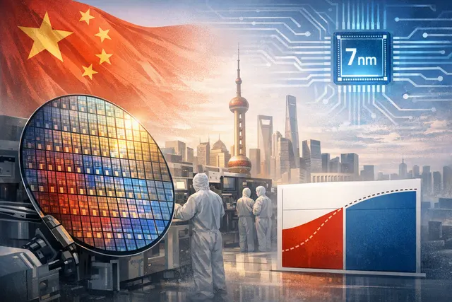 Editorial illustration of semiconductor wafers and chip manufacturing equipment representing China’s advanced-chip supply expansion