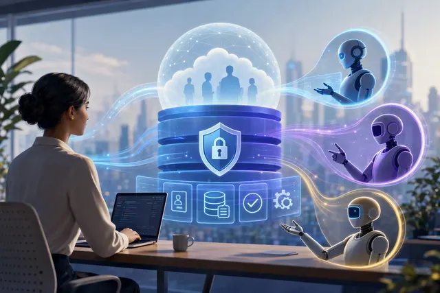 Illustration representing Salesforce AIforce connecting governed CRM data with AI assistant and collaboration interfaces