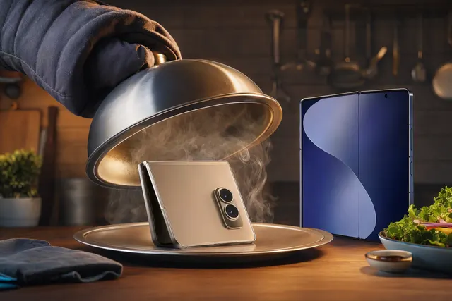 AI-generated editorial illustration accompanying a story about Samsung and Apple’s foldable-phone rivalry