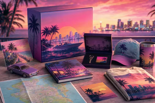 AI-generated editorial illustration accompanying coverage of the GTA VI Vice City collector’s box