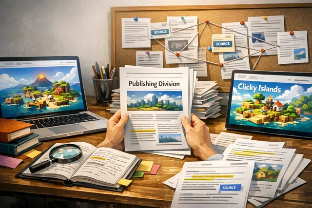 Promotional artwork for Clicky Islands showing a pixel-art island settlement with resources being collected