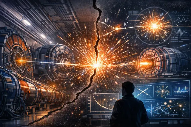 Abstract editorial illustration of particle collisions, B-meson decay and Higgs-boson pair production at the Large Hadron Collider