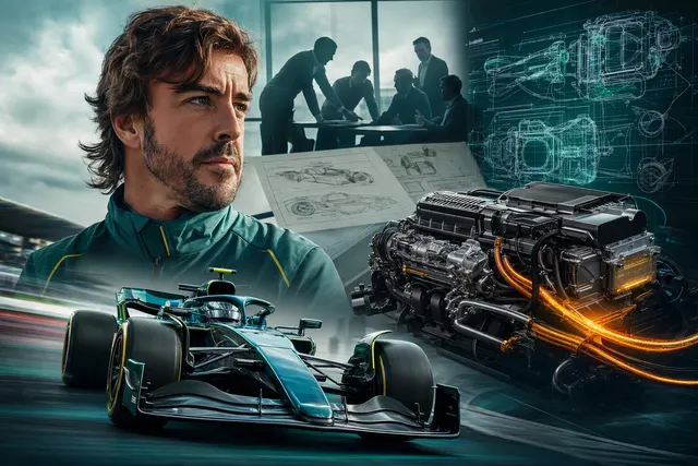 Editorial illustration of Fernando Alonso and Formula 1 power-unit regulations