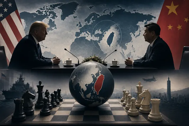 Editorial illustration of the Trump–Xi summit highlighting Taiwan as a central geopolitical issue