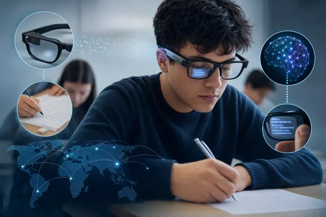 Editorial illustration of AI-enabled smart glasses and exam integrity concerns