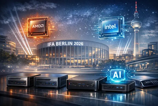 Concept image of compact AI mini PCs representing VZMORE and GMKtec ahead of IFA Berlin 2026