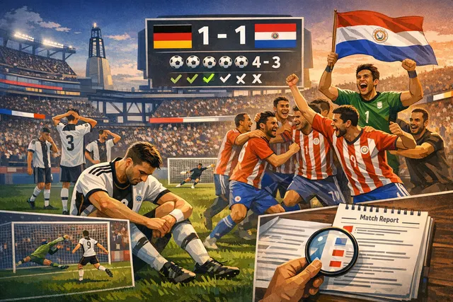Paraguay players celebrate their historic penalty shootout victory over Germany in the 2026 World Cup round of 32 at Boston Stadium