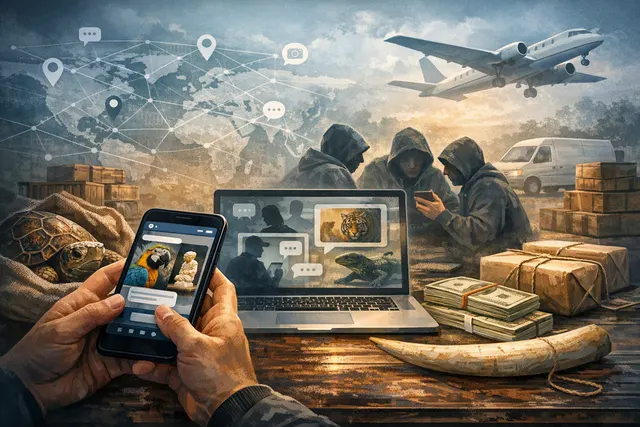 Editorial illustration of wildlife trafficking advertisements spreading across social media platforms