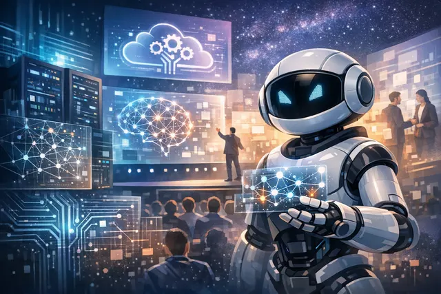 Microsoft Scout Autopilot AI agent on a futuristic workspace dashboard with Microsoft 365 apps like Teams and Outlook