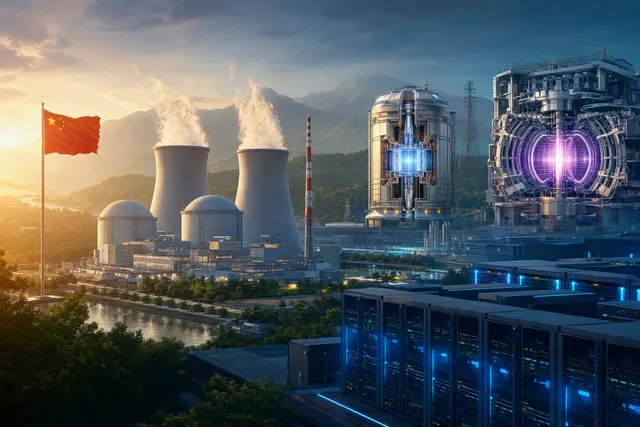 AI-generated editorial illustration accompanying an article on China’s nuclear power and AI data-center electricity demand