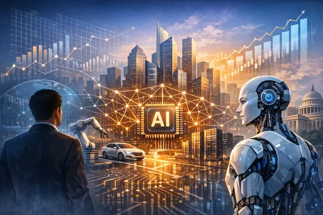 Editorial illustration of Baidu’s AI transformation across chips, cloud computing, AI applications and autonomous driving