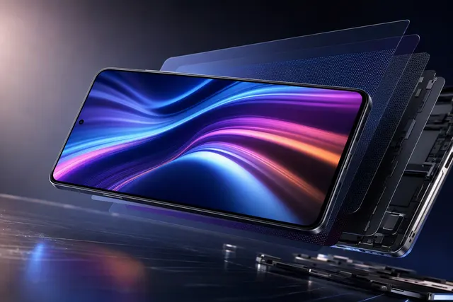 Editorial illustration of a smartphone OLED display representing Samsung Display’s 2K 165Hz panel for iQOO 16