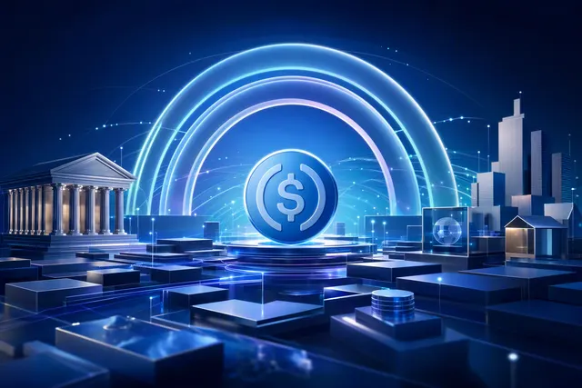 Abstract editorial illustration representing Circle’s Arc blockchain and institutional stablecoin settlement