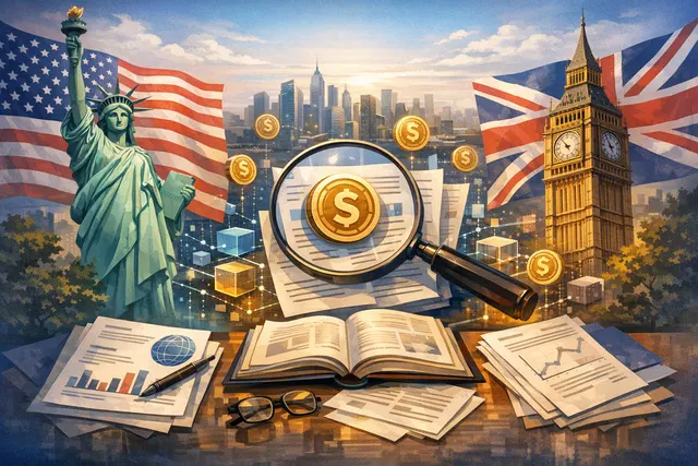Graphic illustration of the US and UK flags interlinked with digital currency symbols and regulatory document icons, representing the joint stablecoin framework agreement.