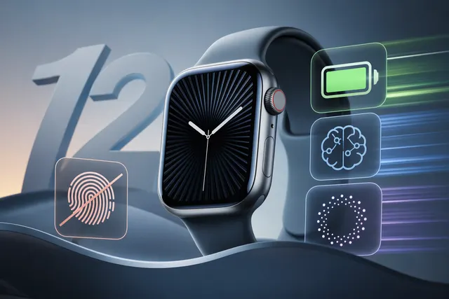 Apple Watch-style smartwatch with visual cues for battery life, AI, satellite connectivity, and health sensors