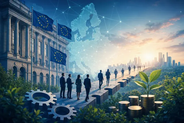 Editorial illustration representing institutional investment flowing into European technology scale-ups