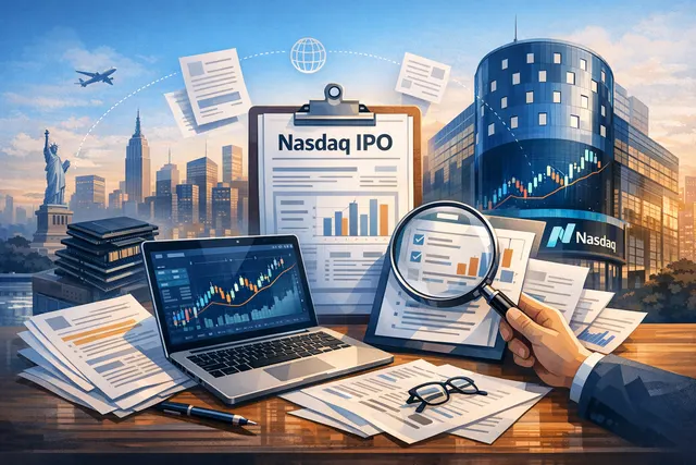 Conceptual illustration of a Nasdaq trading screen showing stock data and a semiconductor chip, symbolizing SK Hynix's historic $29.4 billion ADR listing.