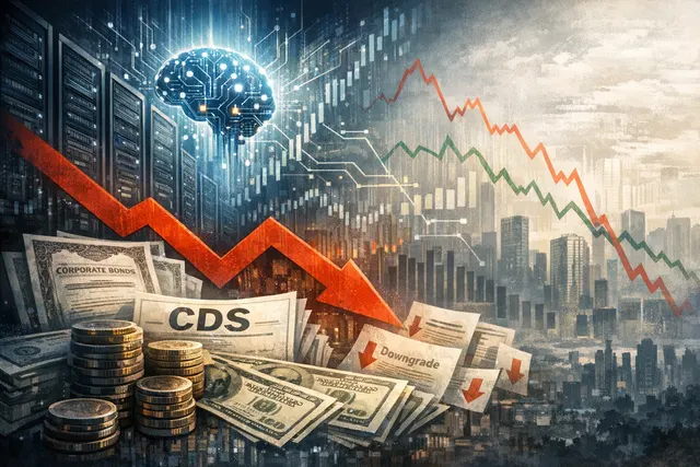 A stylized representation of financial charts, credit default swap (CDS) spread graphs, and bond market data with an AI infrastructure theme, illustrating the growing credit market