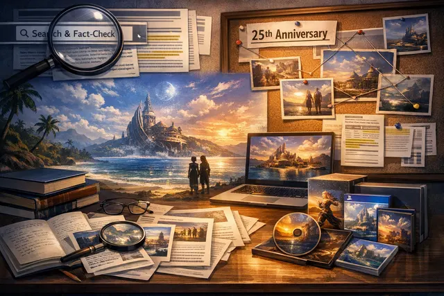 A collage-like editorial image featuring Yuna and Tidus from Final Fantasy X over a deep blue background with the number 25, celebrating the 25th anniversary of Final Fantasy X.